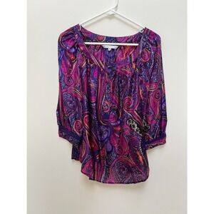 Trina Turk Women's Silk Paisley Peasant Blouse 3/4 Sleeve boho Made in USA Sz M